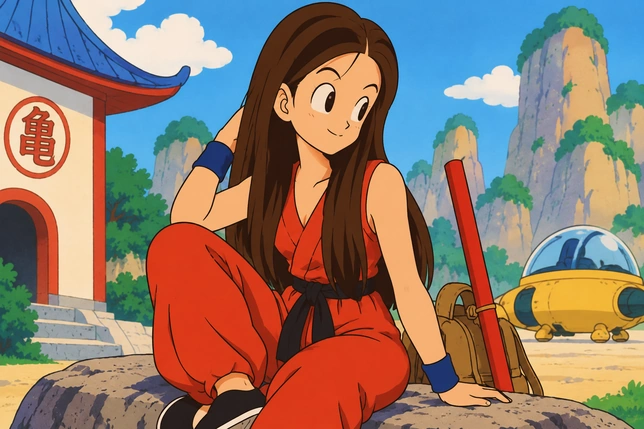 Long-haired woman seated in a red martial arts outfit in an Early Dragon Ball scene