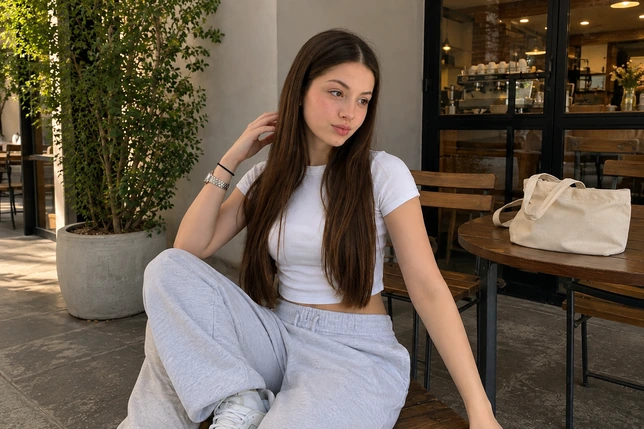 Woman in a white T-shirt and pale jeans sitting outside a cafe
