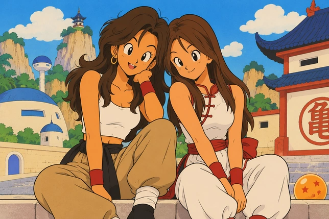 Two women in cream and red outfits turned into colorful Early Dragon Ball AI Photos