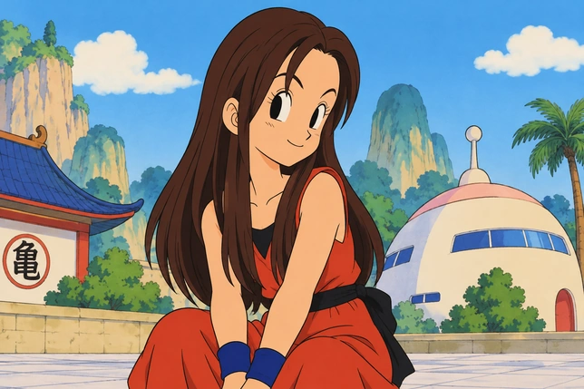 Long-haired woman in a red outfit rendered with the Early Dragon Ball AI Filter