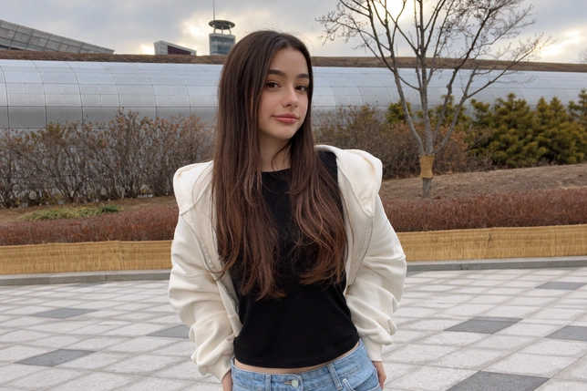Woman with long dark hair and white sleeves posing in an outdoor courtyard