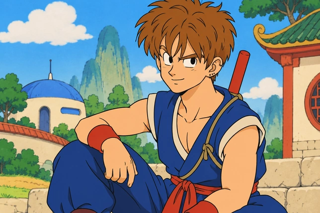 Brown-haired young man in a blue martial arts outfit beside a temple in Early Dragon Ball style