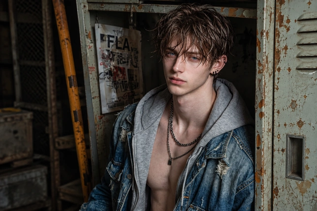 Young man with shaggy brown hair and an open jacket standing against a brick wall