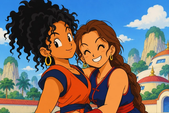 Two smiling friends embracing in orange outfits after the Early Dragon Ball AI Filter