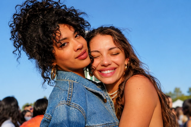 Two women with curly and wavy hair embracing outdoors on a sunny day