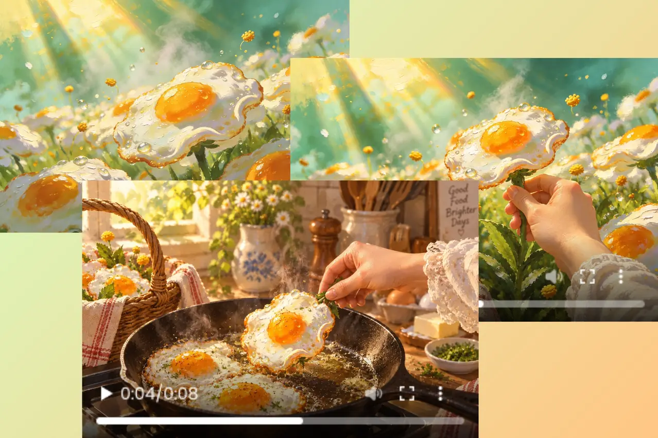 Eine Collage verbindet ein Kunstwerk aus Spiegelei-Blumen mit Videobildern, in denen die Blumen gepflückt und gebraten werden.