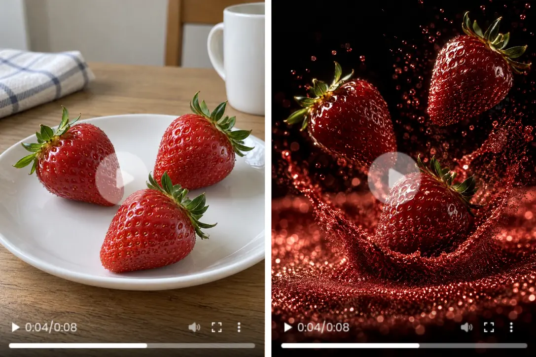 Videobilder im Vorher-nachher-Vergleich zeigen Erdbeeren auf einem Teller, die nach der Umgestaltung zwischen roten Spritzern vor schwarzem Hintergrund schweben.