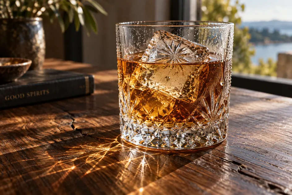 Sonnenlicht fällt auf ein geschliffenes Glas mit einem bernsteinfarbenen Getränk und Eis auf einem rustikalen Holztisch.