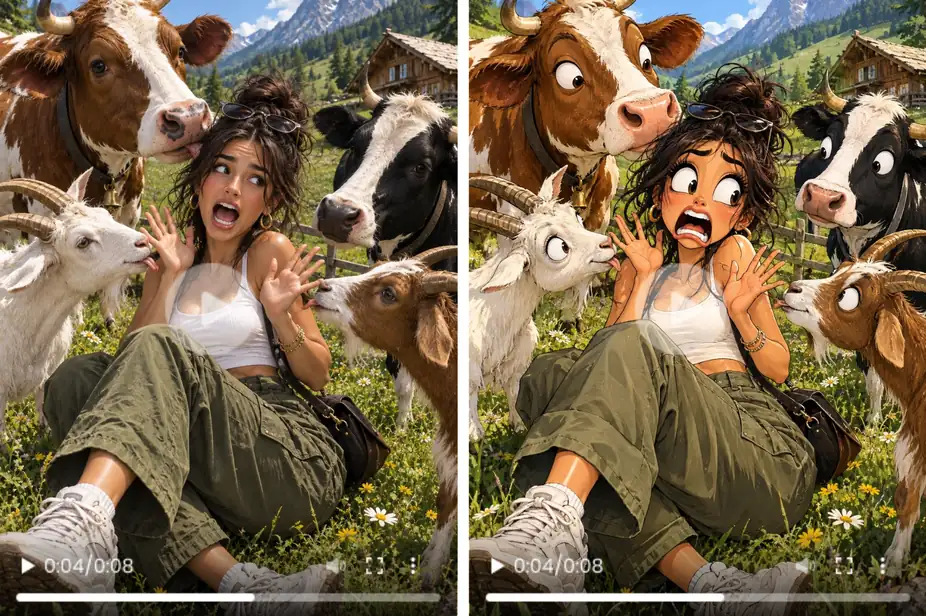 Ein direkter Vergleich zeigt, wie eine Frau zwischen Kühen und Ziegen vom realistischen in einen Cartoon-Stil verwandelt wird.