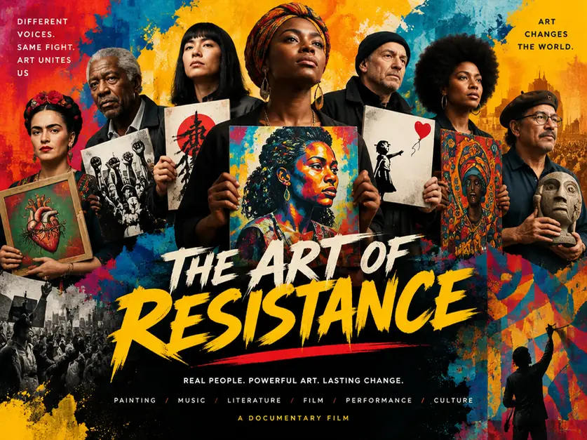 AI image generator poster for The Art of Resistance, with artists, protest imagery, and bold lettering