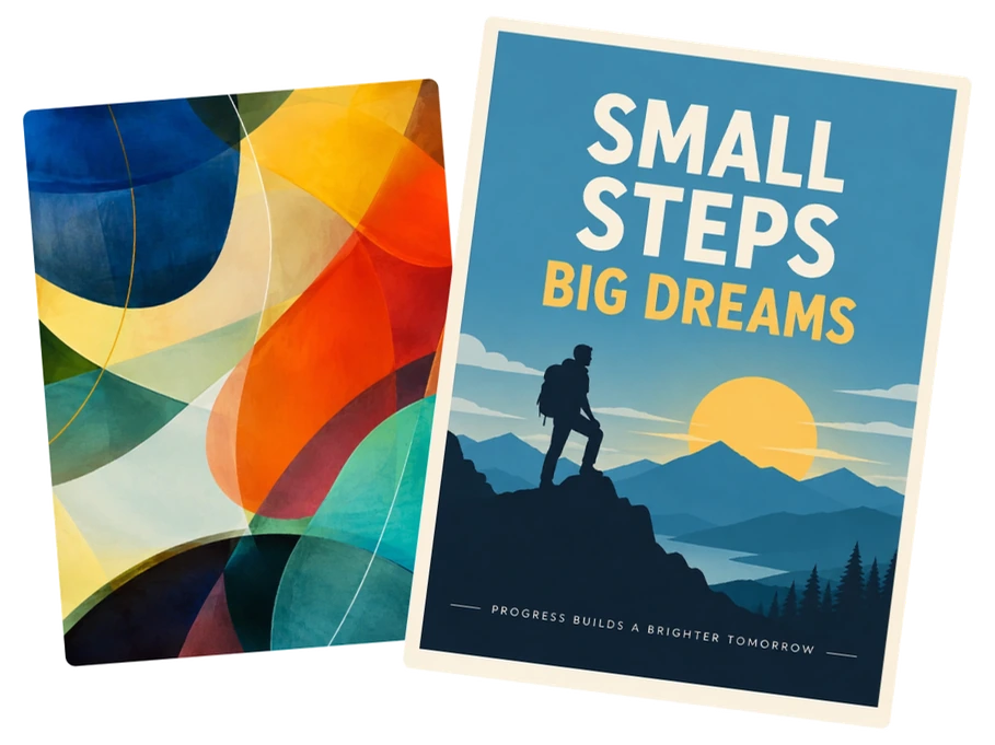 AI image generator designs showing colorful abstract artwork and a Small Steps Big Dreams hiking poster