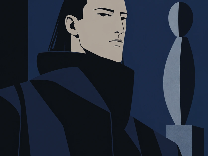 AI image generator result showing a minimalist navy character portrait beside an abstract sculpture