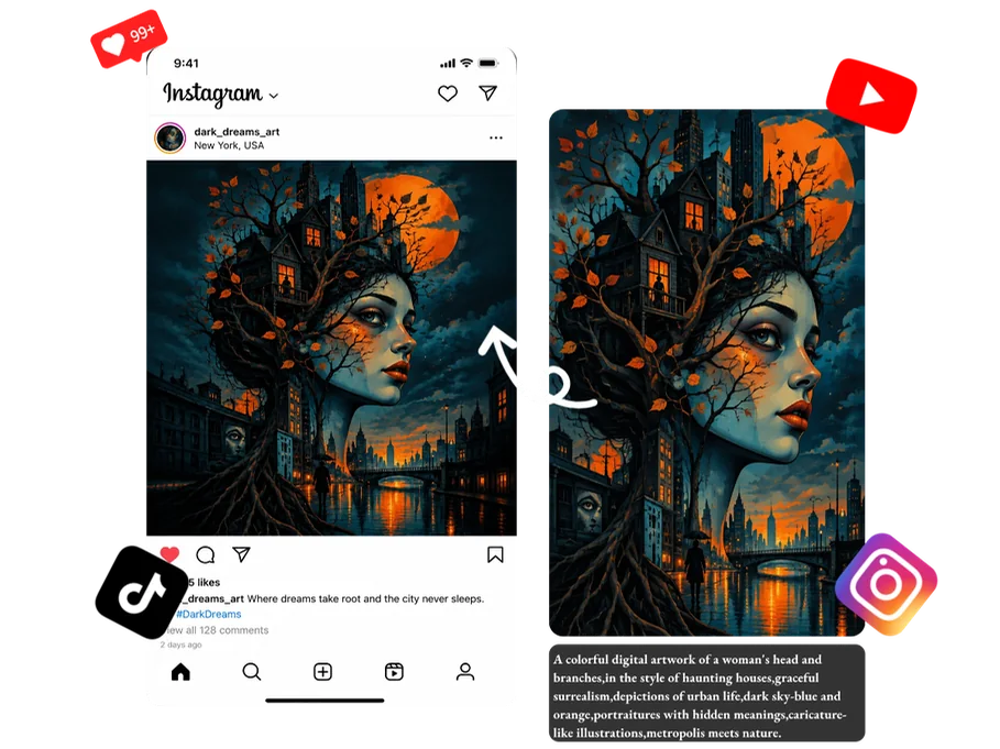 AI image generator artwork adapted into square social posts and vertical stories with platform icons