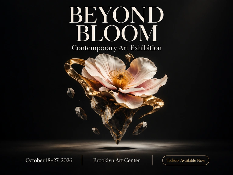 GPT Image 2.5 Beyond Bloom exhibition poster with a floating flower sculpture and event text on black