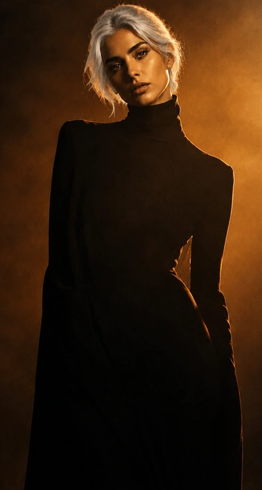 GPT Image 2.5 portrait edit with a blonde bob, retaining the black turtleneck, pose, and warm lighting