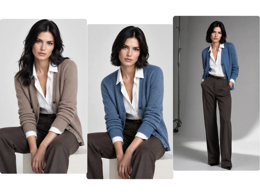 GPT Image 2.5 portraits of the same woman in taupe and blue jackets, with seated and standing poses