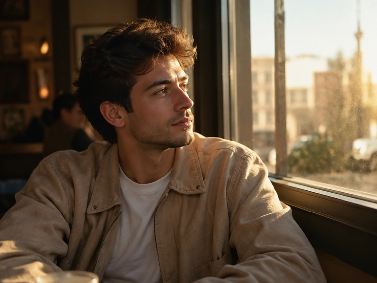 GPT Image 2.5 lifestyle portrait of a man in a beige jacket beside a sunlit cafe window