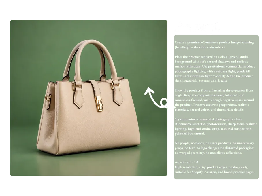 GPT Image 2.5 product creative with a beige handbag on a green background beside generation instructions