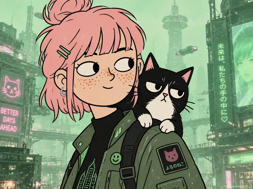 GPT Image 2.5 illustration of a freckled pink-haired girl with a cat against a green cyberpunk city
