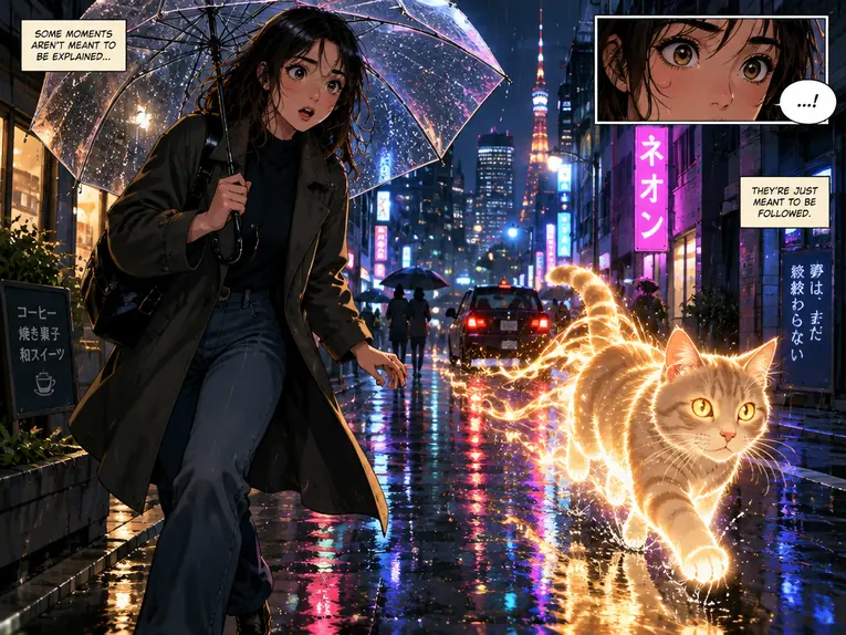 GPT Image 2.5 comic of a woman with a clear umbrella watching a glowing golden cat on a neon-lit street