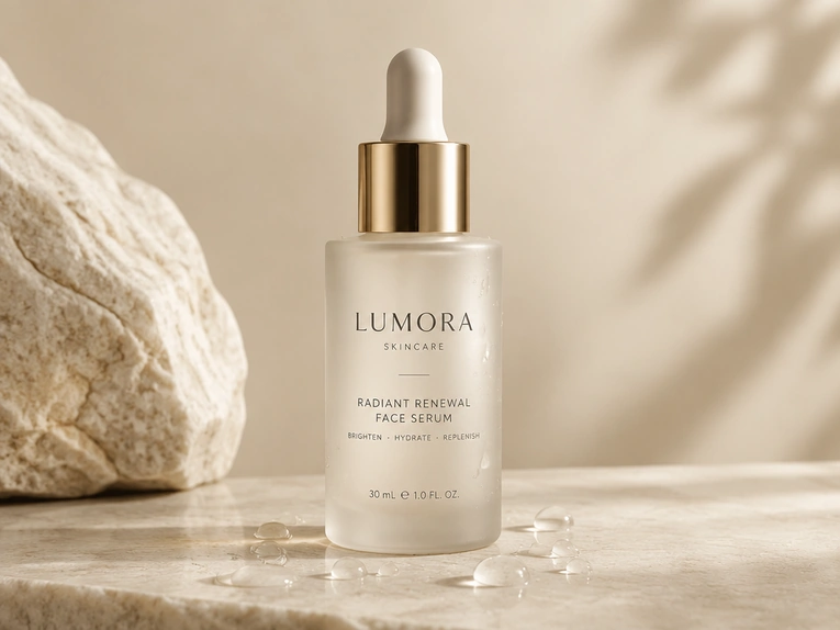 GPT Image 2.5 product photo of a frosted serum bottle with a gold cap on pale stone in soft natural light