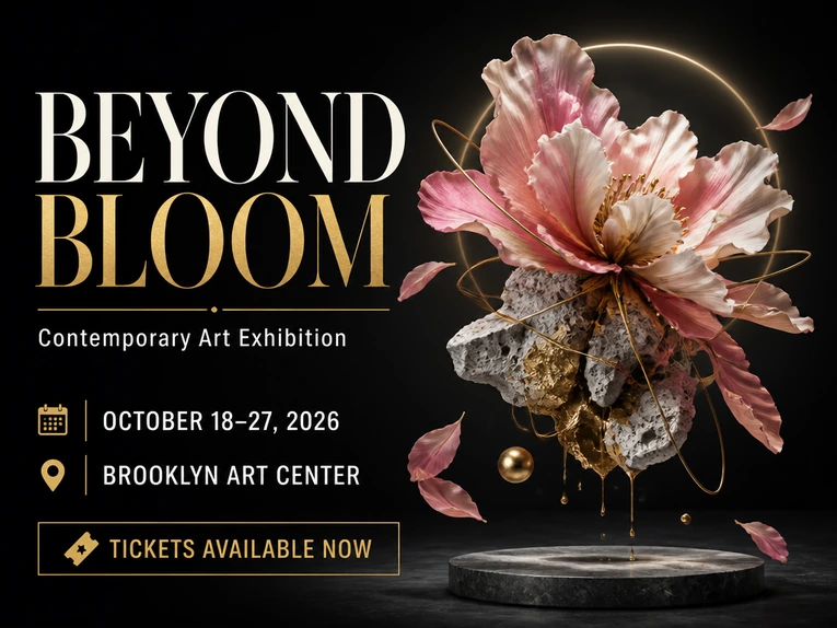 GPT Image 2 Beyond Bloom exhibition poster with a floating flower sculpture and event text on black