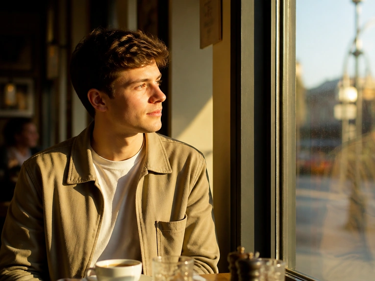 GPT Image 2 lifestyle portrait of a man in a beige jacket beside a sunlit cafe window