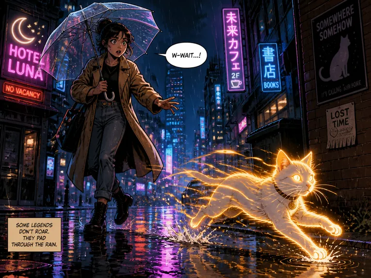 GPT Image 2 comic of a woman with a clear umbrella watching a glowing golden cat on a neon-lit street