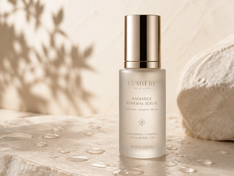 GPT Image 2 product photo of a frosted serum bottle with a gold cap on pale stone in soft natural light