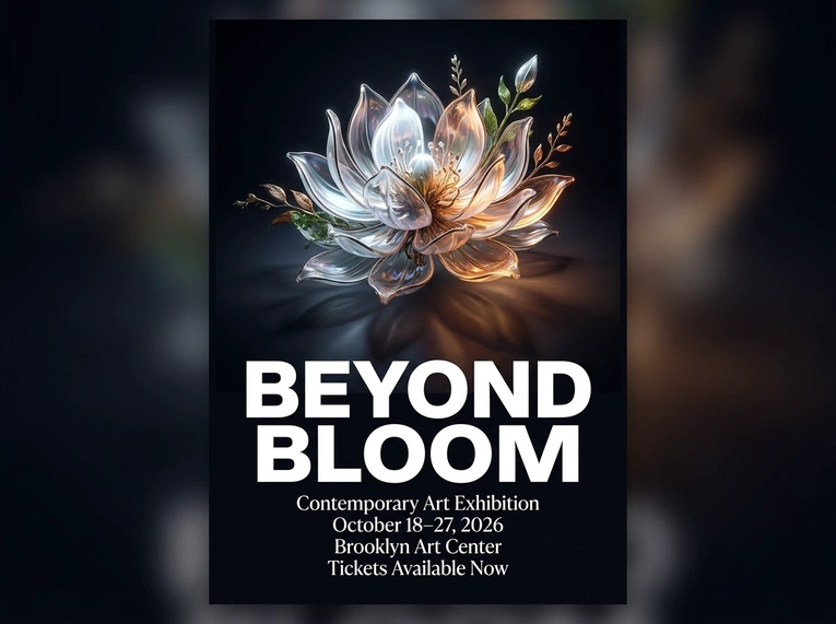 Nano Banana 2 Beyond Bloom exhibition poster with a floating flower sculpture and event text on black