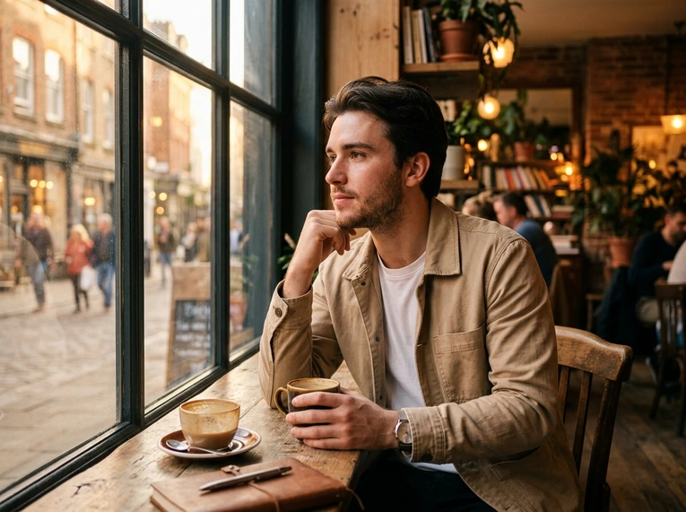 Nano Banana 2 lifestyle portrait of a man in a beige jacket beside a sunlit cafe window