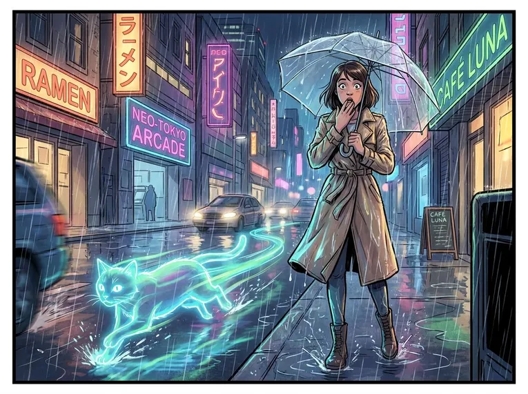 Nano Banana 2 comic of a woman with a clear umbrella watching a glowing cyan cat on a neon-lit street