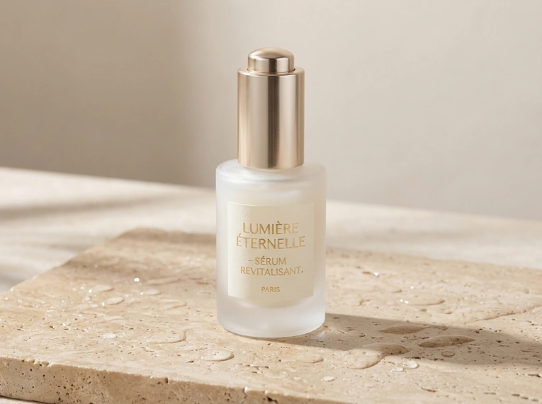 Nano Banana 2 product photo of a frosted serum bottle with a gold cap on pale stone in soft natural light
