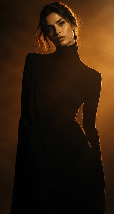 Reference portrait of a woman with shoulder-length brown hair in a black turtleneck and warm lighting