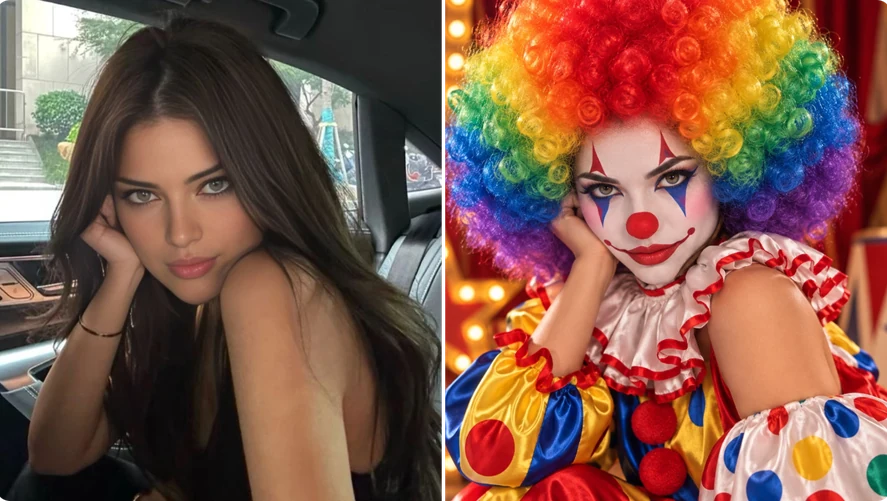AI Halloween Filter turning a portrait into a colorful clown with rainbow hair and dramatic makeup