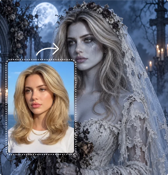 AI Halloween Filter result transforming a portrait into a corpse bride with the original photo inset