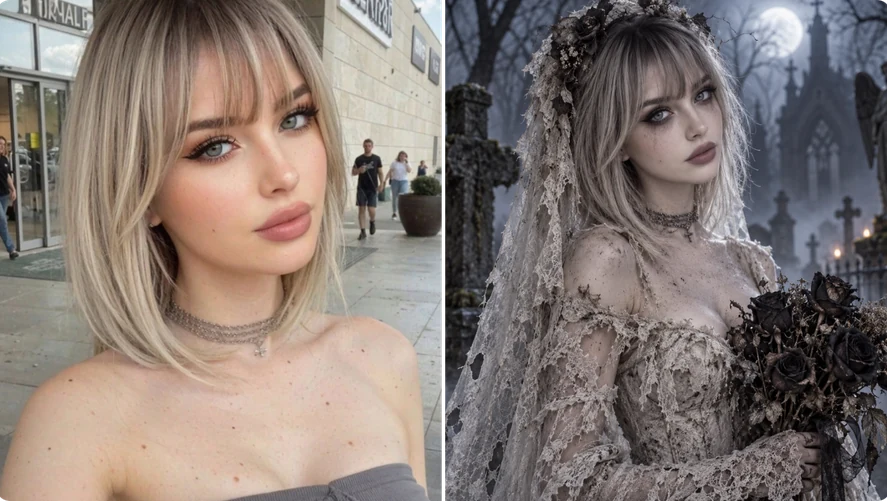 Before-and-after portrait showing a woman transformed into a pale corpse bride in a lace veil