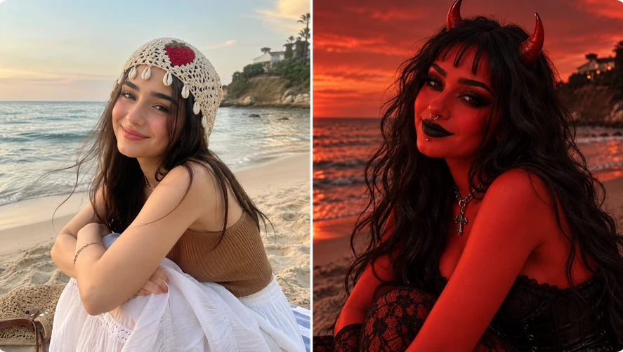 Beach portrait transformed into a red-lit devil look with horns against a dramatic sunset
