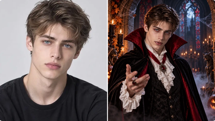 AI Halloween photo generator transforming a casual portrait into Dracula with a cape and fangs