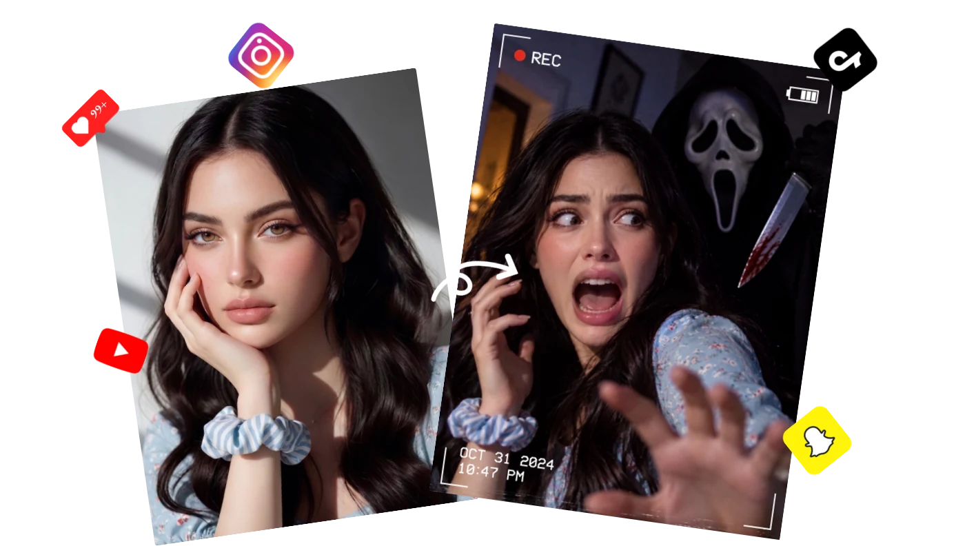 AI Halloween Effect preview turning a portrait into a Ghostface clip for TikTok and social sharing