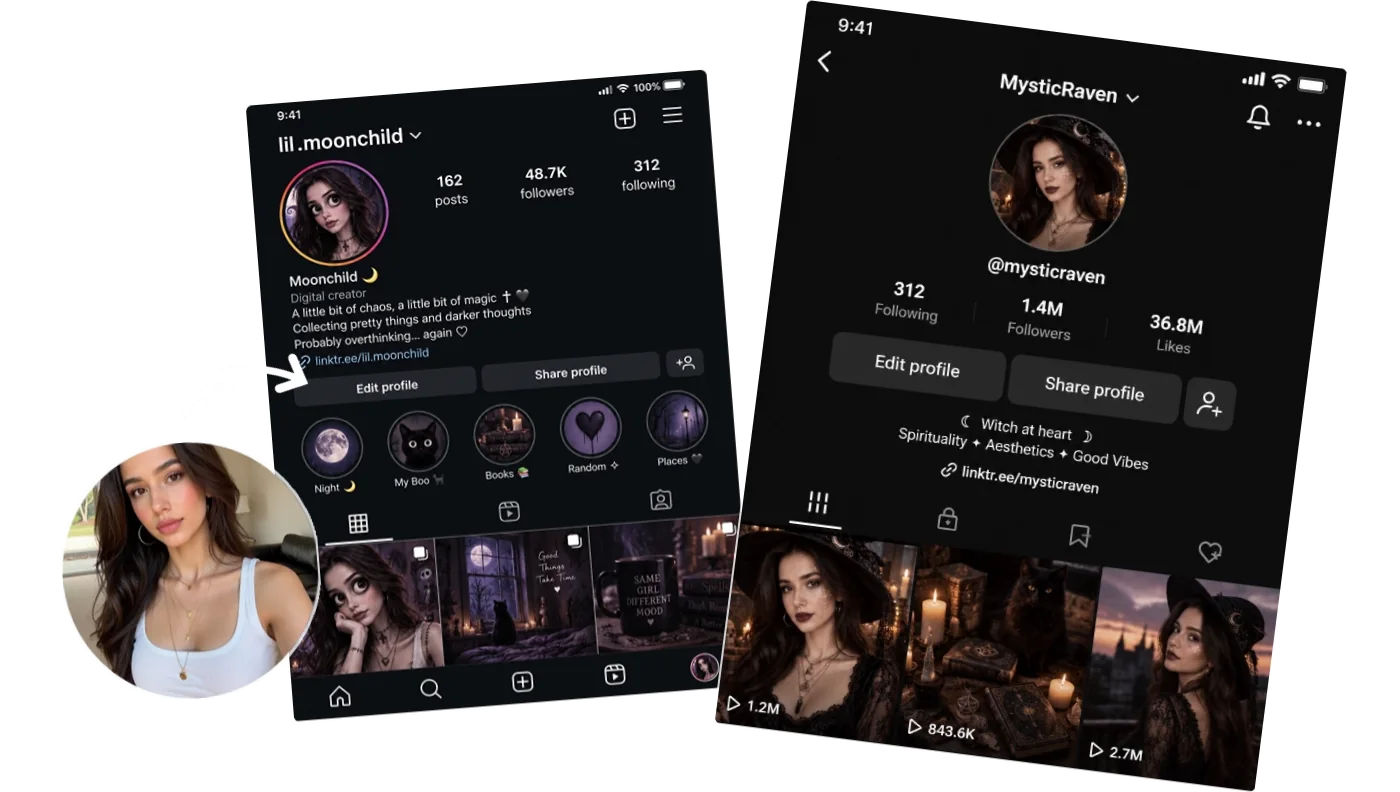 AI Halloween Art Generator preview showing a portrait transformed into a spooky social profile avatar