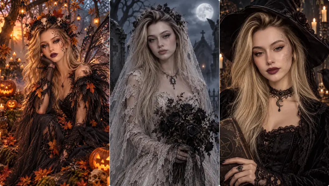 Three Halloween portrait styles comparing dark fairy, corpse bride, and witch costumes and makeup