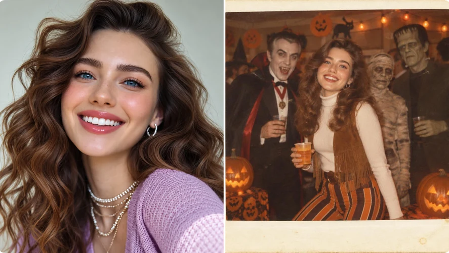 Smiling portrait transformed into a Halloween party scene with costumes and pumpkin decorations