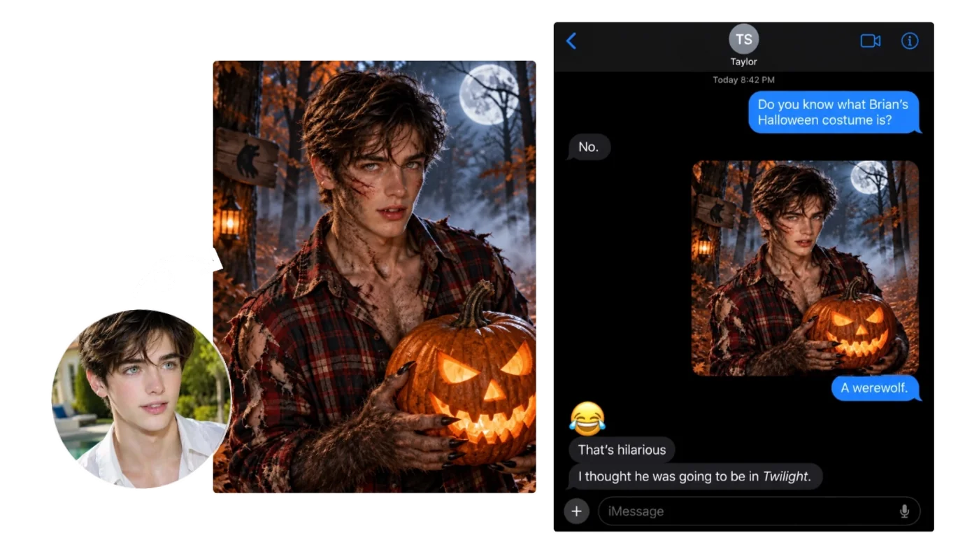 Halloween portrait transformation shared in a chat as a playful spooky surprise for a friend