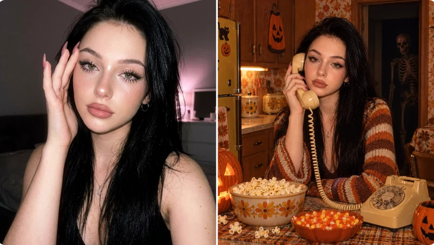 Before-and-after Halloween portrait with a skeleton lurking behind a woman in a candlelit room