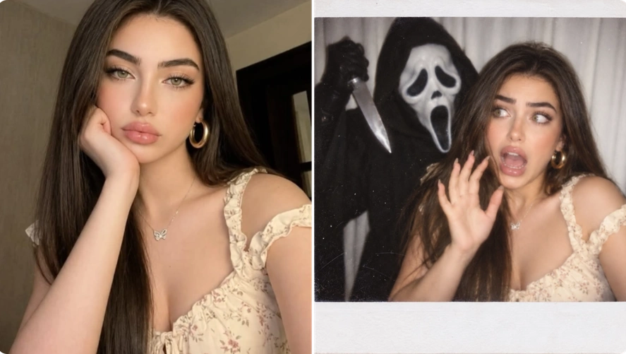 Portrait transformed into a Polaroid-style scene with Ghostface behind a startled woman