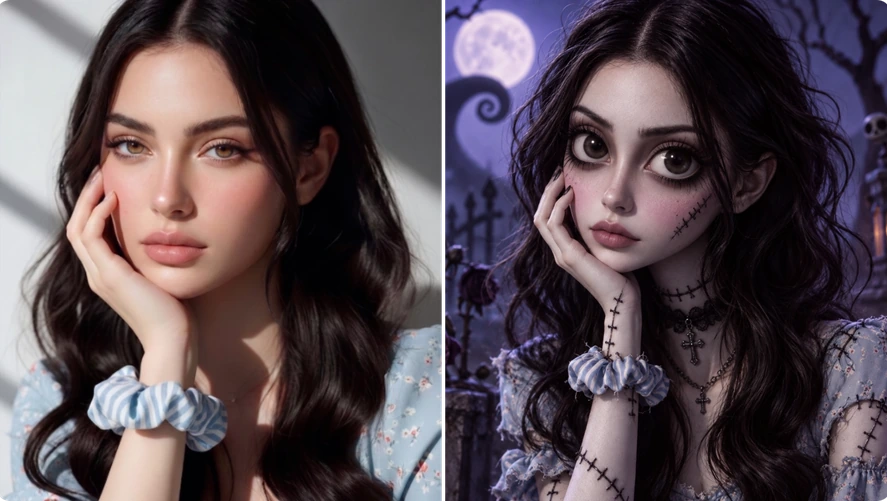Portrait transformed into a Tim Burton-inspired character with large eyes and a moonlit backdrop