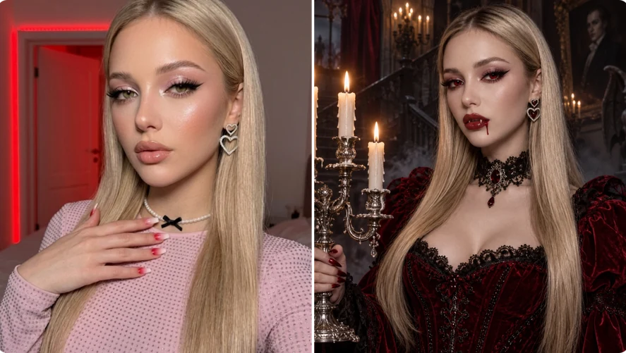 Before-and-after portrait showing a vampire look with dark makeup and a candlelit gothic costume