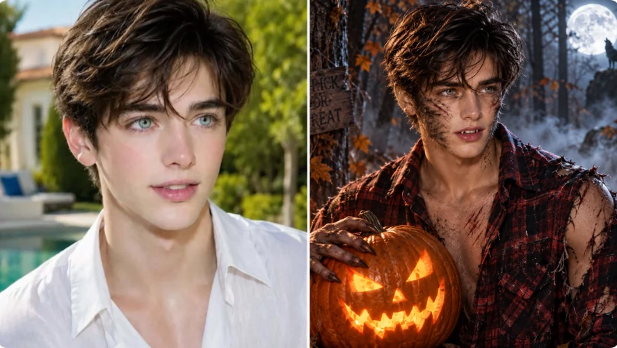 Casual portrait transformed into a werewolf-inspired Halloween look beside a glowing jack-o-lantern
