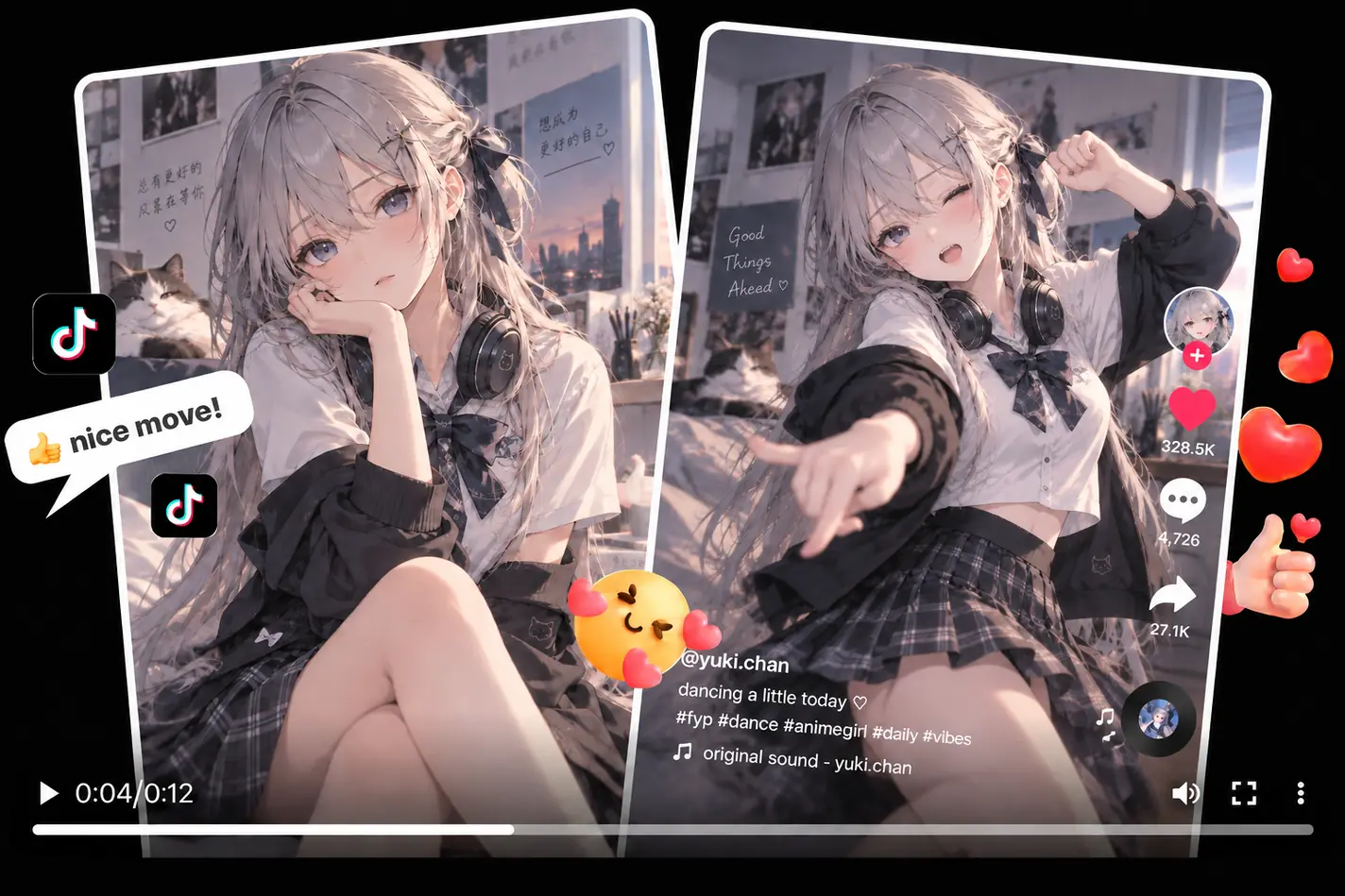 Animeclips met reacties van social media in een voorbeeld van de MiniMax H3 AI video generator.